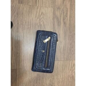 Tutilo New York Navy Blue Croc Embossed Zip Around Wallet Phone Clutch Gold Tone